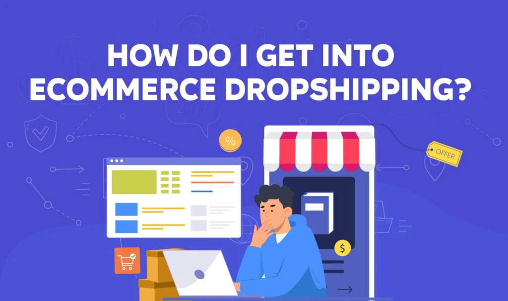 Man browsing to his laptop, searching 'How to get into eCommerce dropshipping