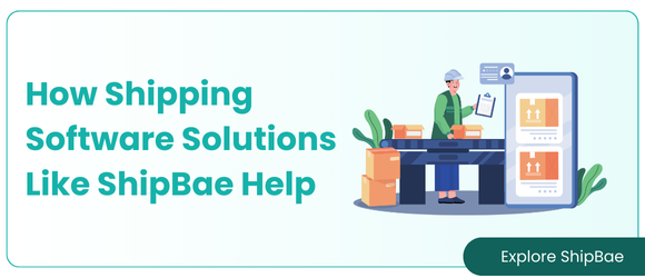 Illustration showing a worker at a packaging station surrounded by shipping boxes and a digital screen displaying delivery information. The text reads "How Shipping Software Solutions Like ShipBae Help" on a light background, with a green button labeled "Explore ShipBae."