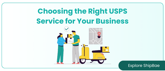 Illustration of two people reviewing a package near a delivery scooter with the headline 'Choosing the Right USPS Service for Your Business'