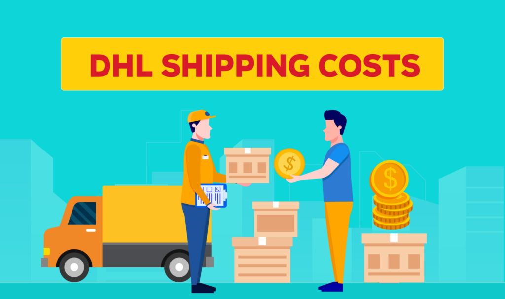 DHL worker exchanges a package for a coin with a customer, with boxes and a truck in the background. Text reads ‘DHL Shipping Costs’
