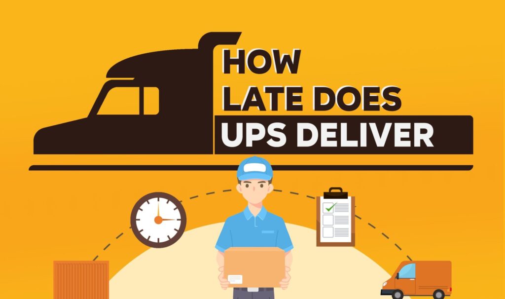 Graphic featuring a dark truck silhouette and bold text stating "How Late Does UPS Deliver" set against a yellow-orange backdrop. Below the title, a UPS courier is shown holding a package, with surrounding icons including a clock, a checklist, and a delivery van, representing delivery schedules and logistics.