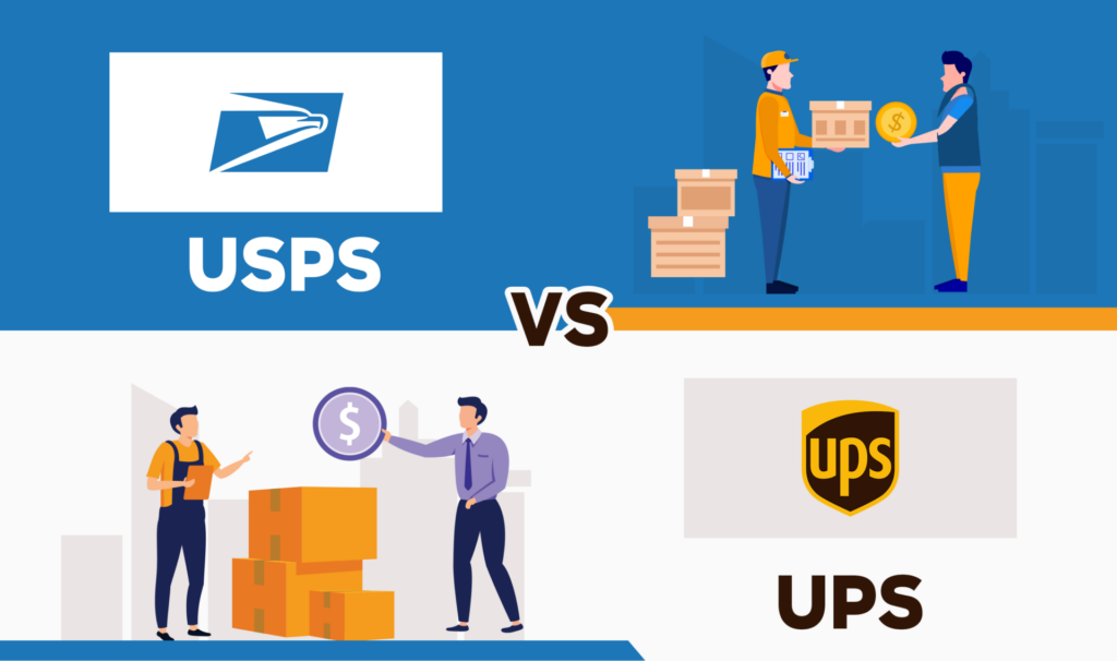 Comparison graphic of USPS vs. UPS. The top half shows the USPS logo and a delivery exchange between a courier and customer. The bottom half features the UPS logo with two people interacting near stacked packages and a large coin symbol, highlighting pricing or service comparison. The center of the image displays "VS" to emphasize the contrast between the two carriers.