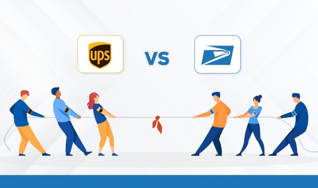 Illustration of a tug-of-war between two teams, symbolizing a comparison between UPS and the U.S. Postal Service. The UPS logo is above the left team, and the USPS logo is above the right team, with a ‘VS’ in the center.
