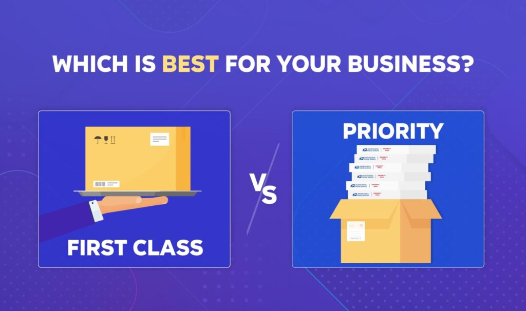 Visual comparison of First Class vs. Priority shipping with the headline 'Which is best for your business?